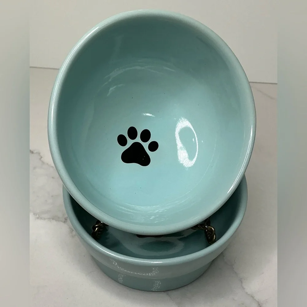 2 Fido’s Pet Bowls Elevated Blue Dog Cat Food/Water Bowls 1 Cup Capacity Paws